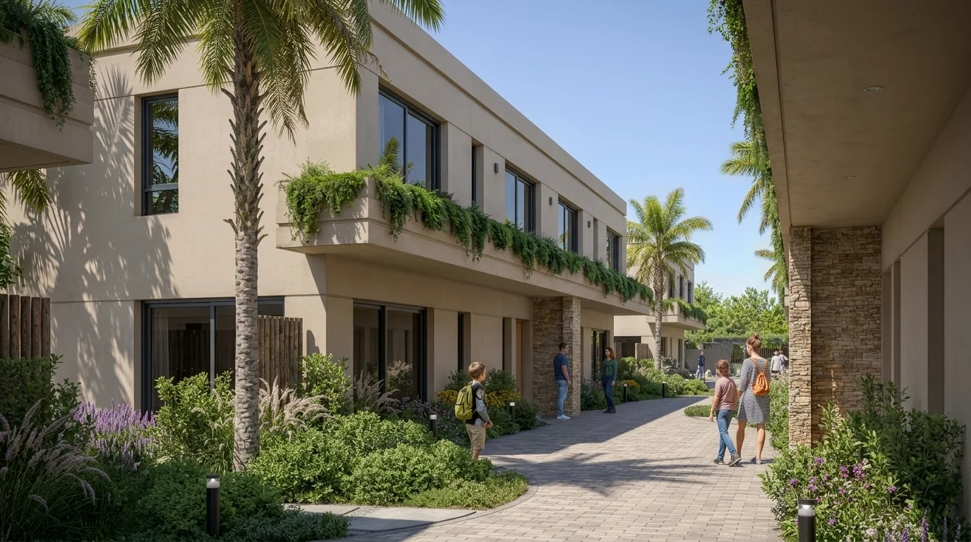 Casas de Senderos Housing con fachadas de dos plantas, jardines y sendero central